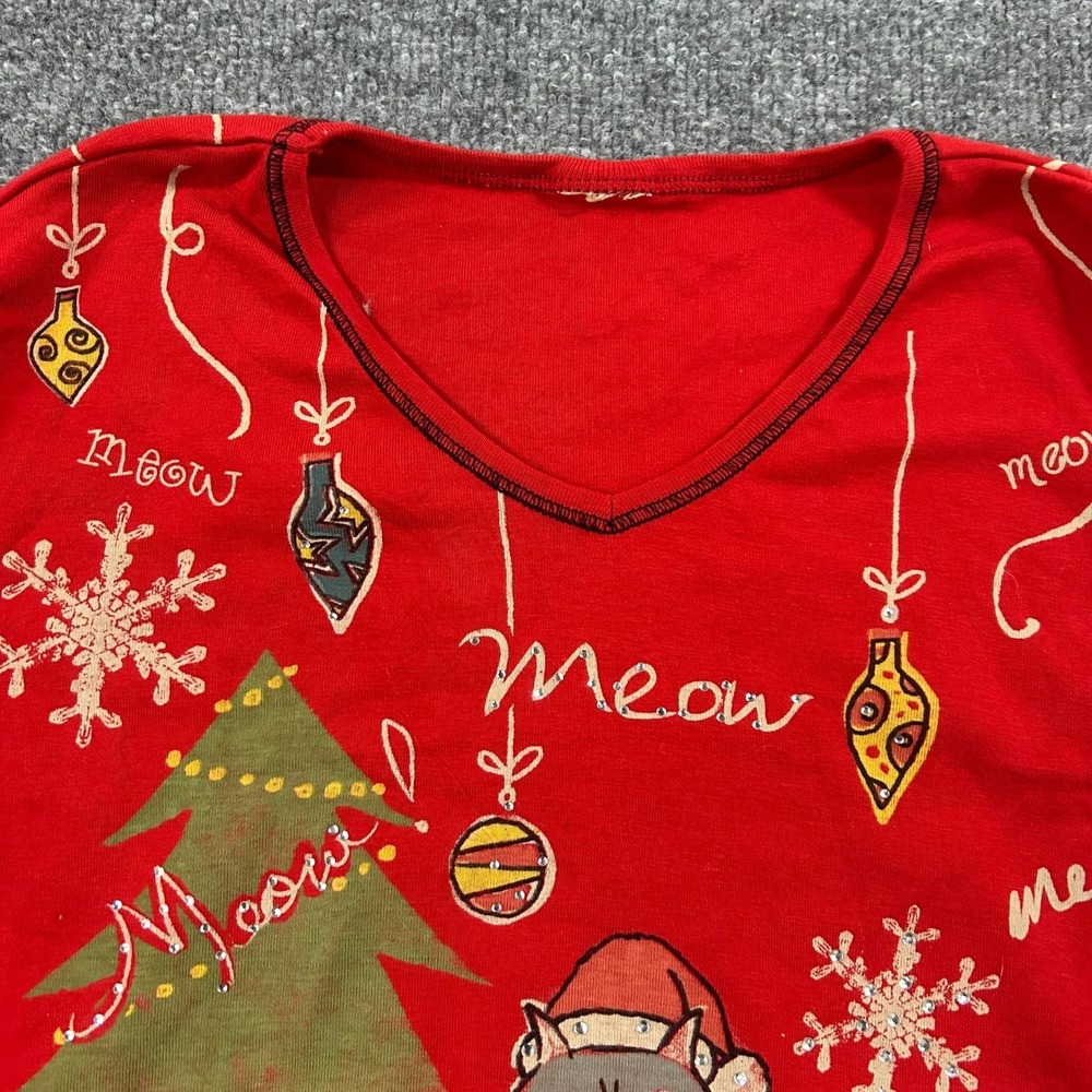 Unbranded Christmas Top Womens Size XL Red Cat Graphic Rhinestone Long Sleeve